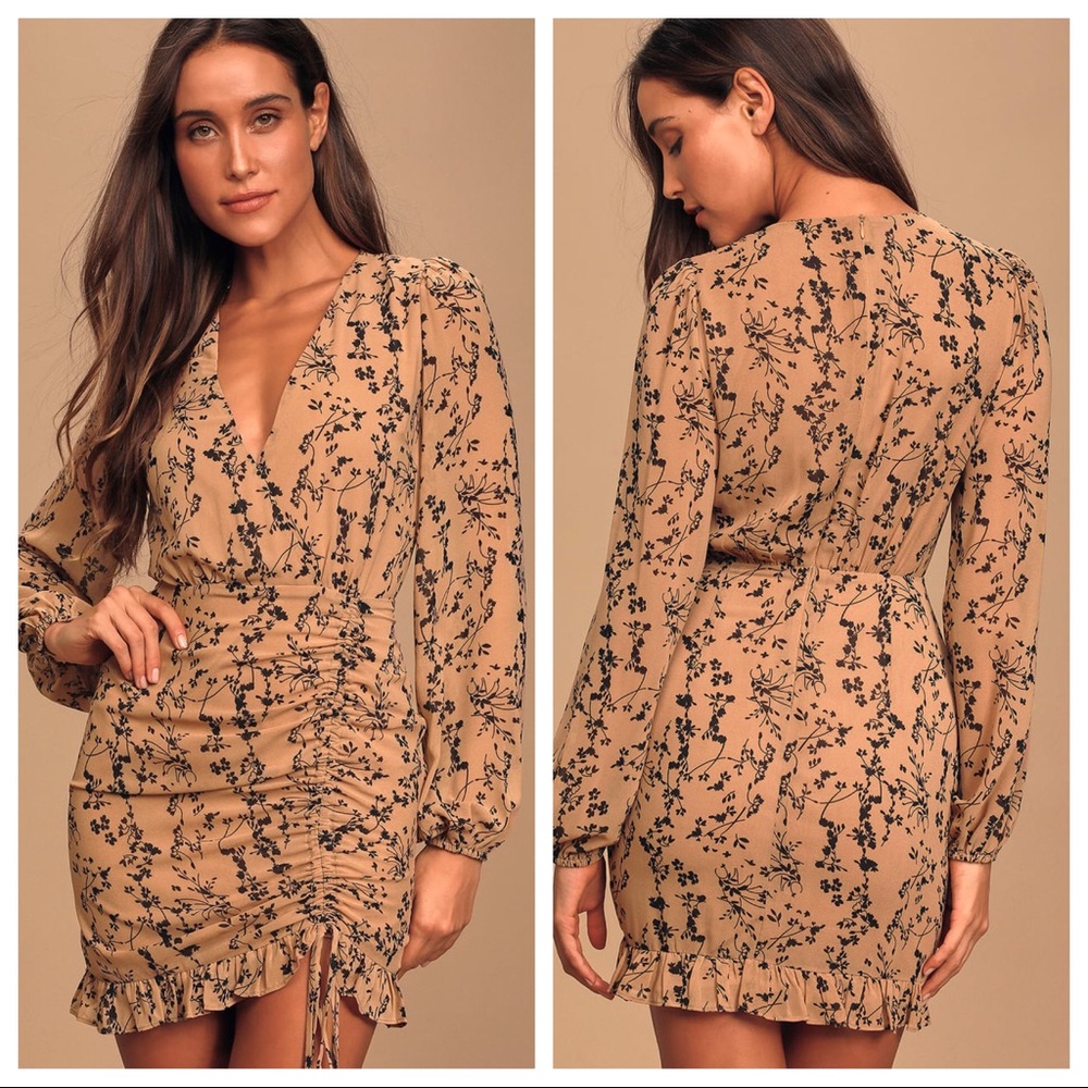 ❌sold❌Lulus One True Love Taupe Floral Ruched Min - Picture 2 of 12